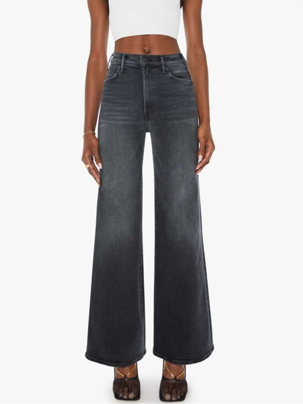 Mother The Hustler Roller Sneak Jeans in Not Today Satan Grey Black Wash Size 30